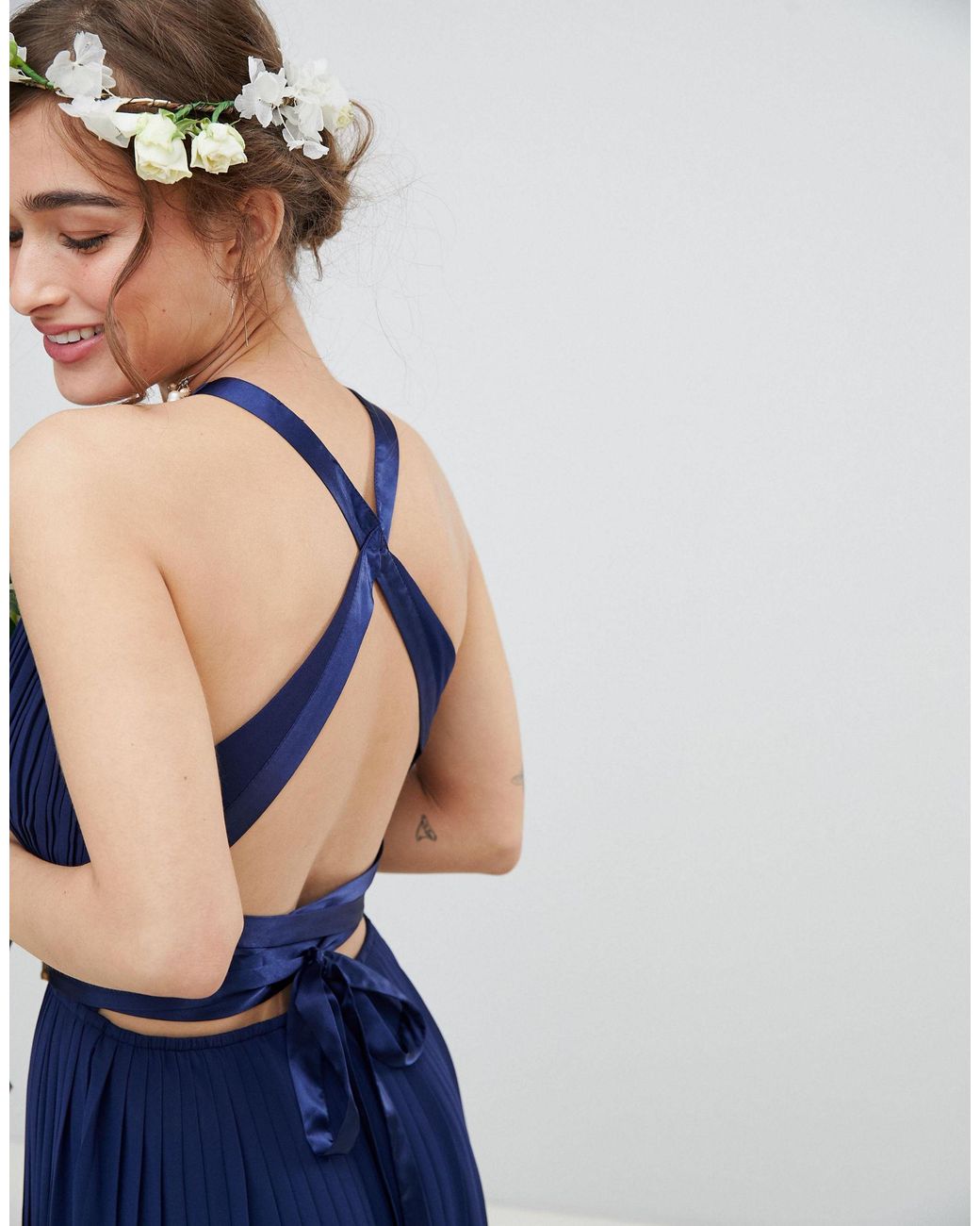 tfnc pleated midi bridesmaid dress with cross back and bow detail