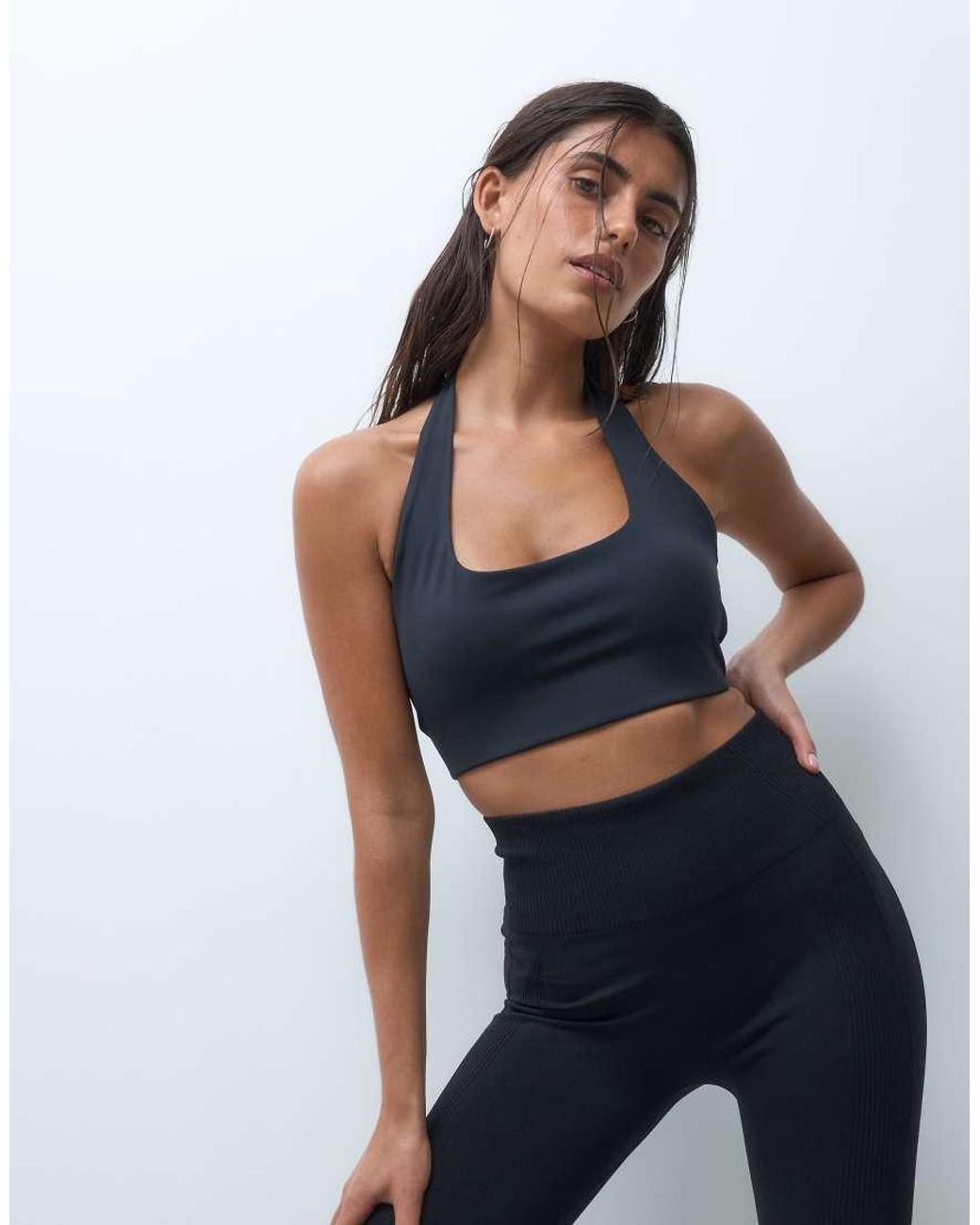 4505 Blue Active Halter Neck Medium Support Sports Bra With Removable Padding