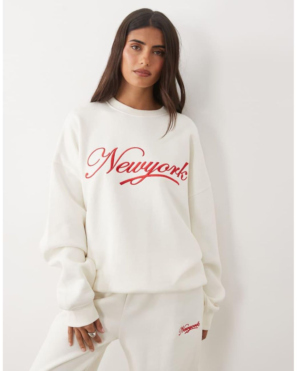 Kaiia White Cotton Rich Embroidered New York Script Logo Oversized Hoodie