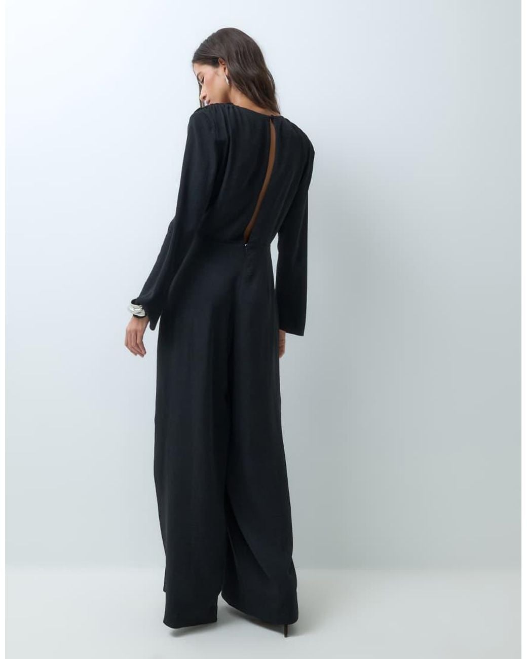 ASOS Blue Shoulder Pad Long Sleeve Jumpsuit With Ruched Bodice And Twist Detail