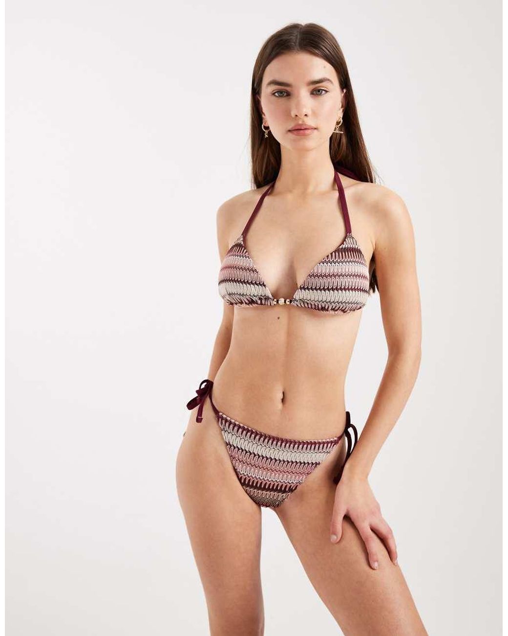New Look Natural Crochet Stripe Triangle Bikini Top