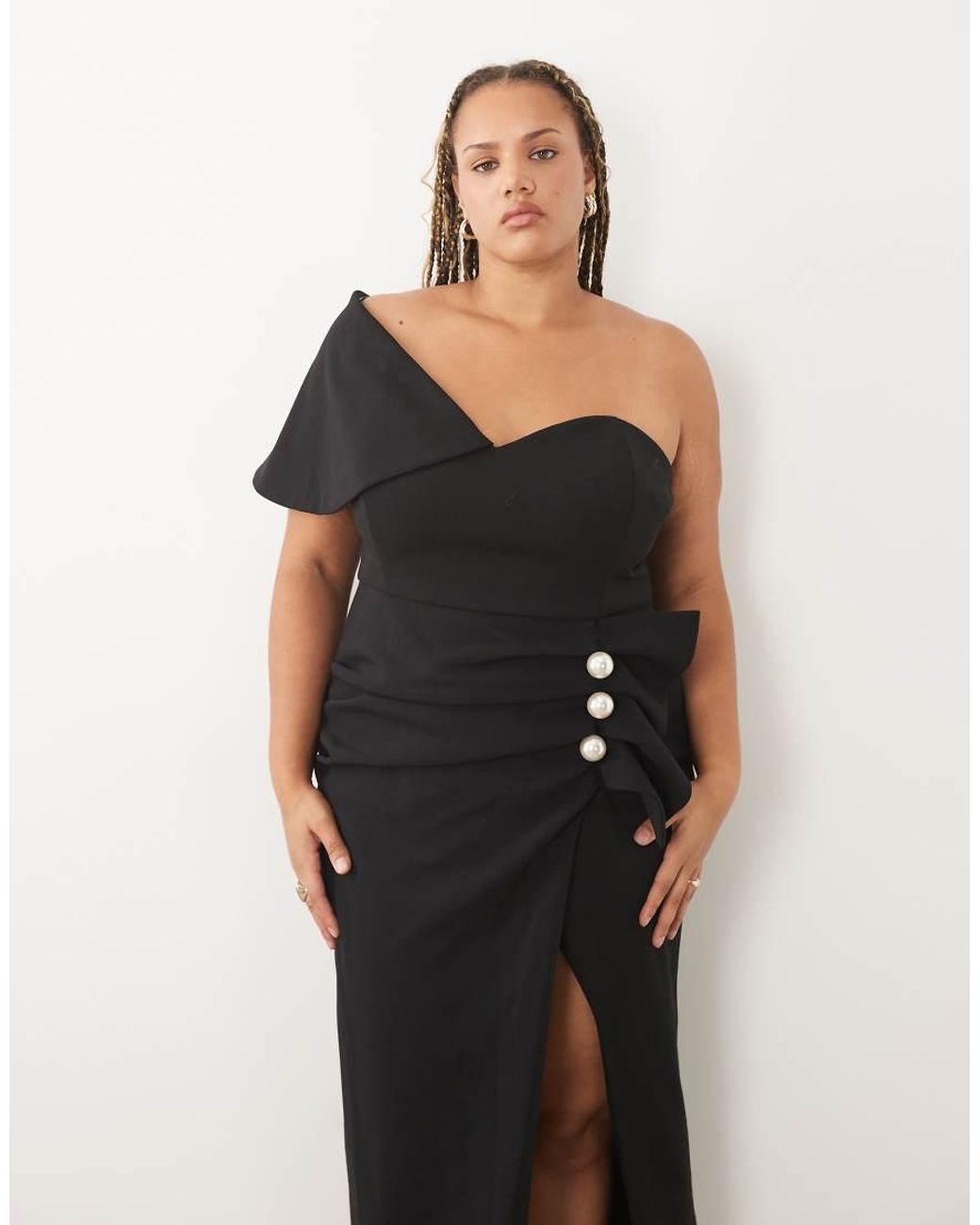 ASOS Black Curve Structured Draped Midaxi Dress With Faux-pearl Detailing