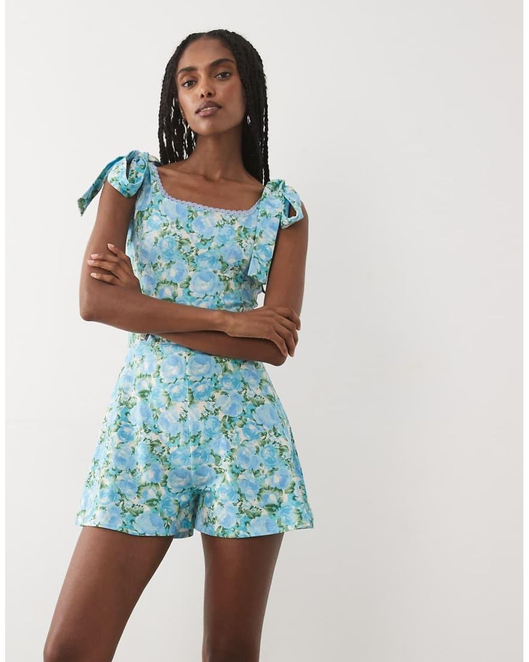 Miss Selfridge Blue Tie Shoulder Playsuit