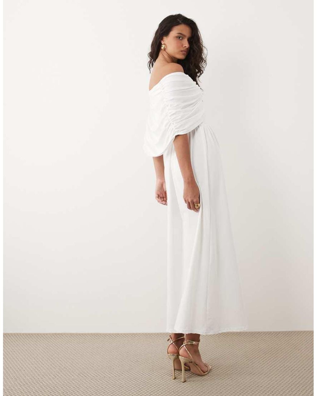 SNDY'S Natural Bandeau Drape Shoulder Detail Drop Waist Maxi Dress