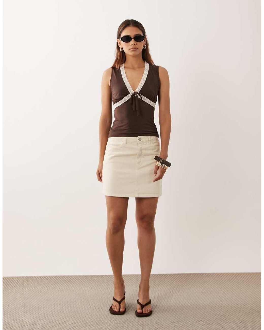 Miss Selfridge Natural Lace Trim Tank Top With Bow