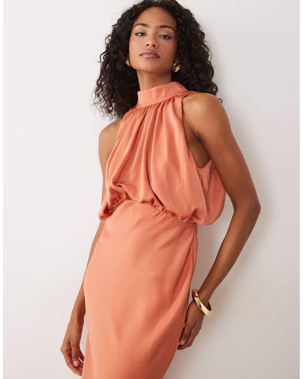 ASOS Orange Halter Neck Blouson Satin Maxi Dress