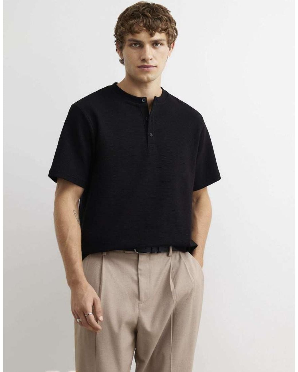 River Island Black Regular Fit Cotton Henley Neck T-Shirt for men