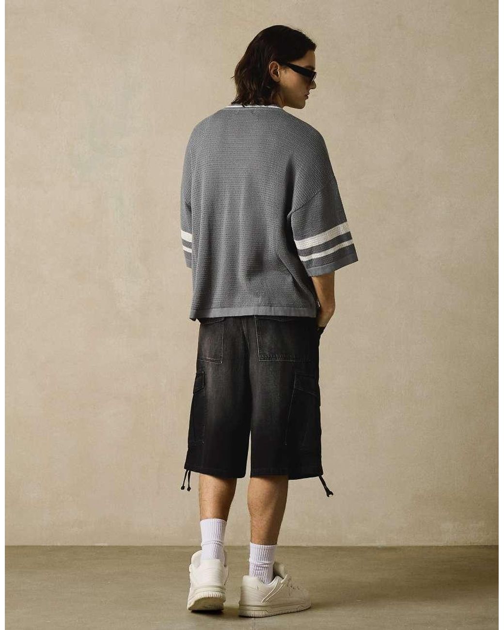 Bershka Natural Denim Cargo Parachute Shorts for men