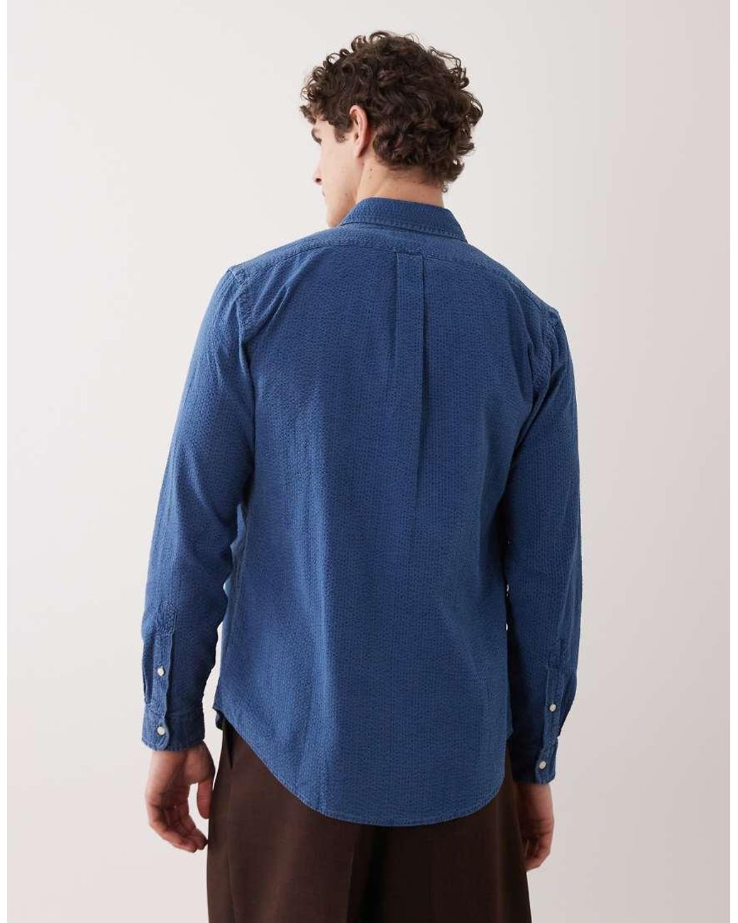 Polo Ralph Lauren Blue Icon Logo Long Sleeve Cotton Seersucker Shirt for men
