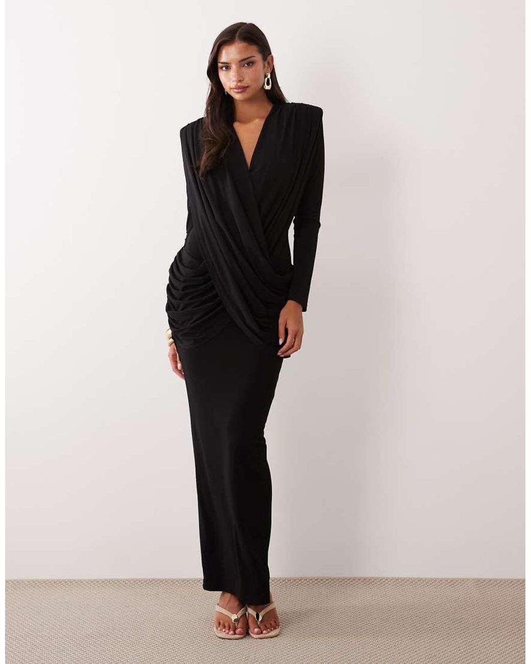Ruched & Ready Black On My Level Sculpted Plunge Neck Drape Front Maxi Dress