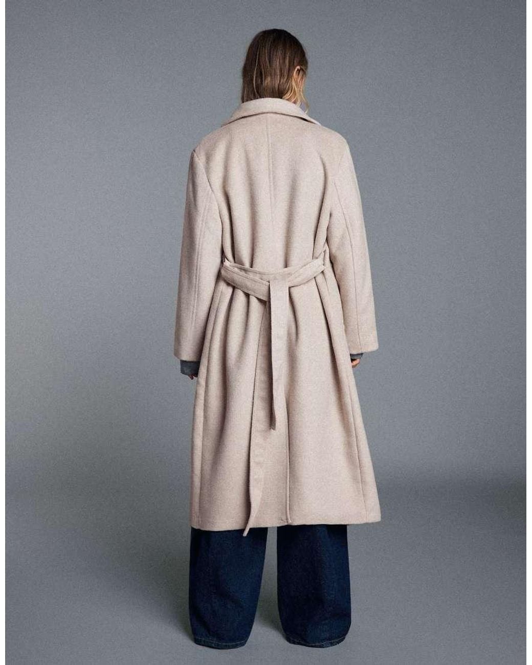 Bershka Gray Long Funnel Neck Coat With Belt