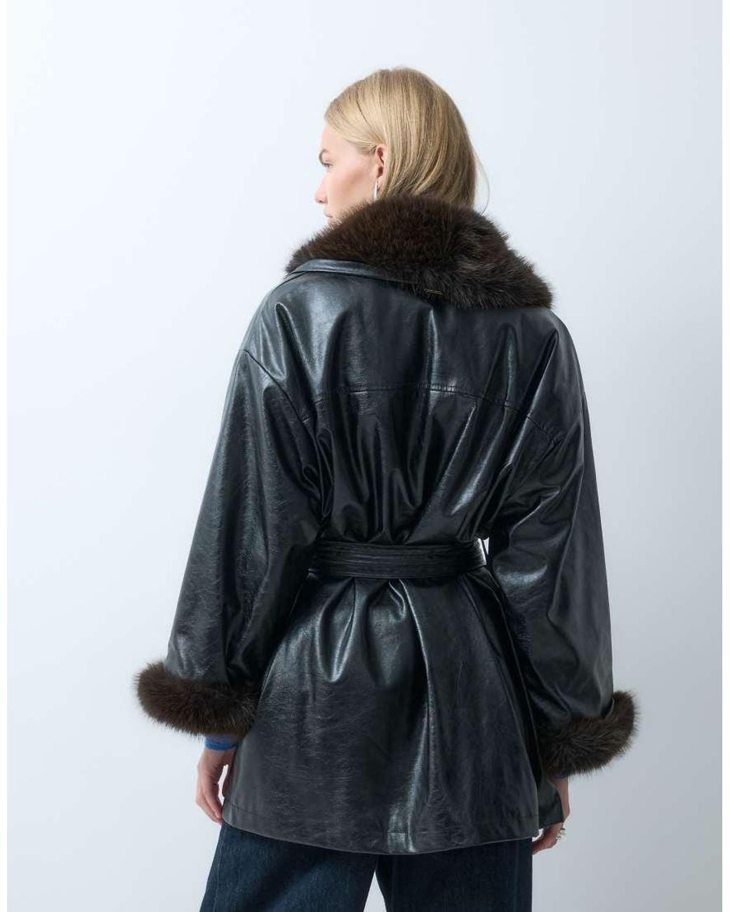 laagam Blue Oriane Fur Trim Belted Short Coat