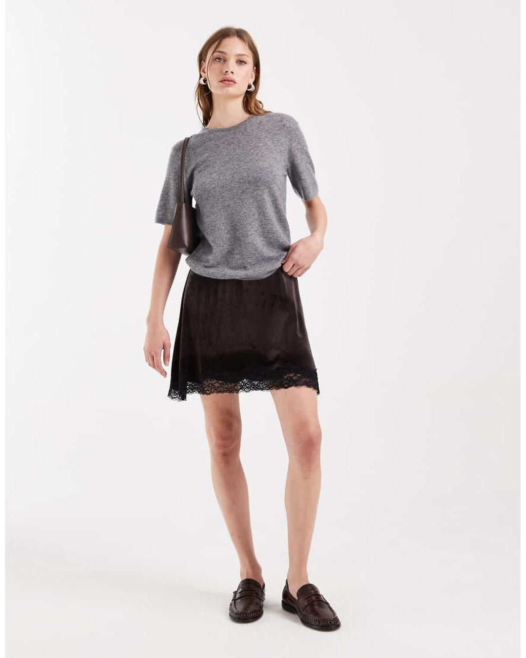 ASOS Gray Velvet Mini Skirt With Lace Hem