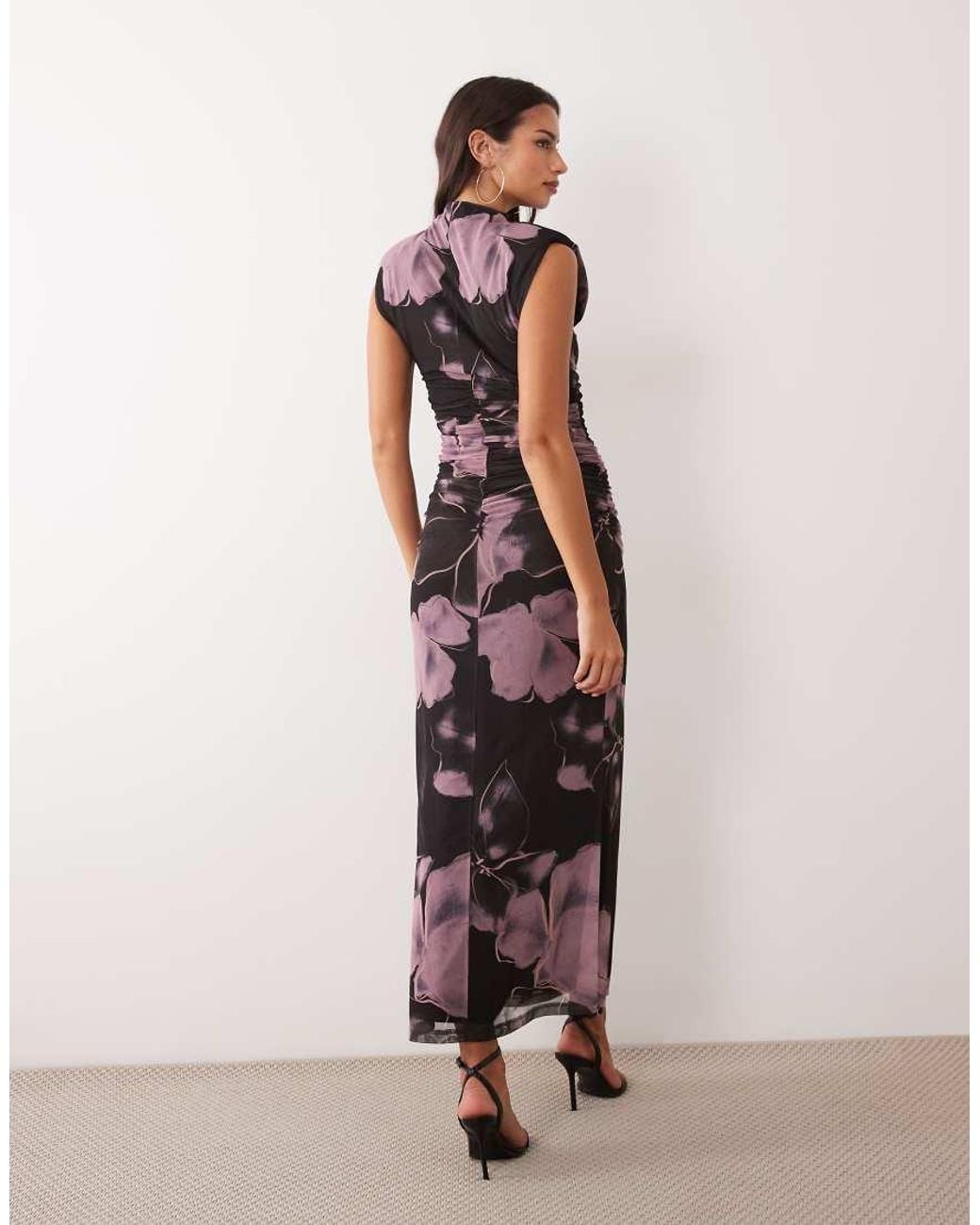 ASOS Natural Printed Mesh High Neck Detail Maxi Dress With Shoulder Pads