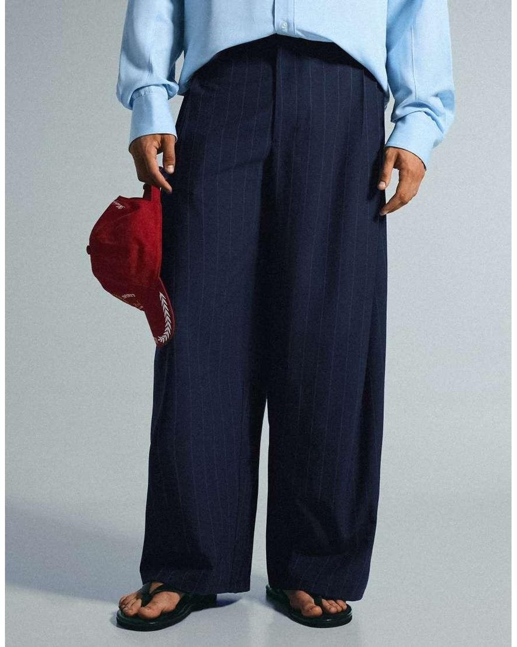 Bershka Blue Super baggy Pinstripe Darted Trousers for men