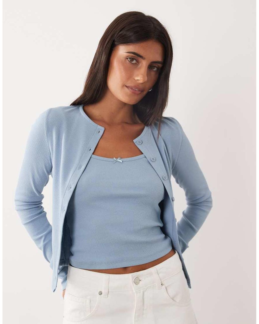 Miss Selfridge Blue Ribbed Cardigan And Cami Set