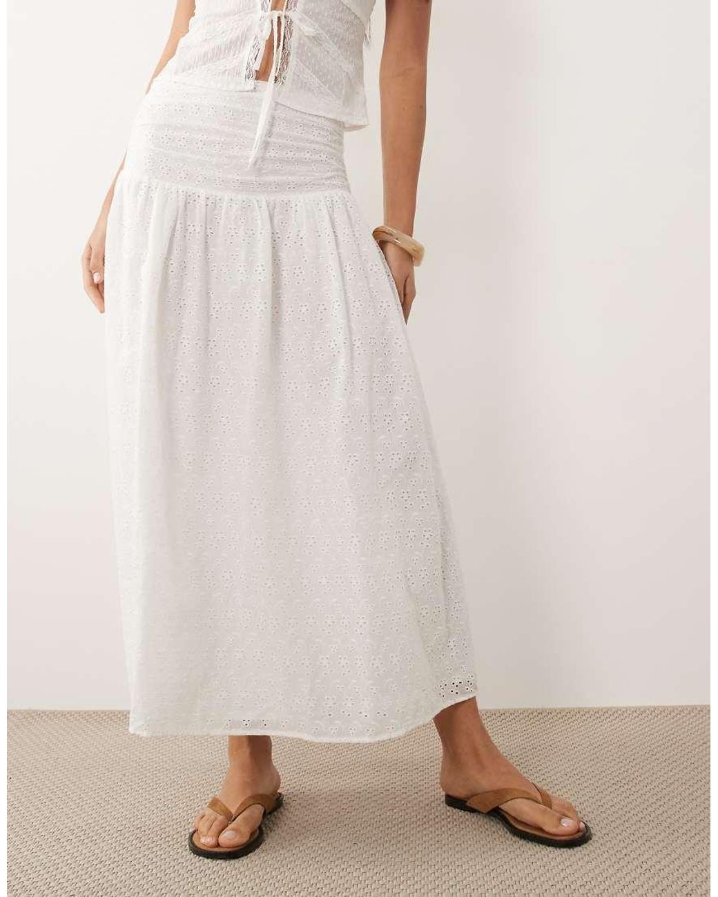 The Frolic Natural Exclusive Cotton Broderie Shirred Drop Waist Maxi Skirt