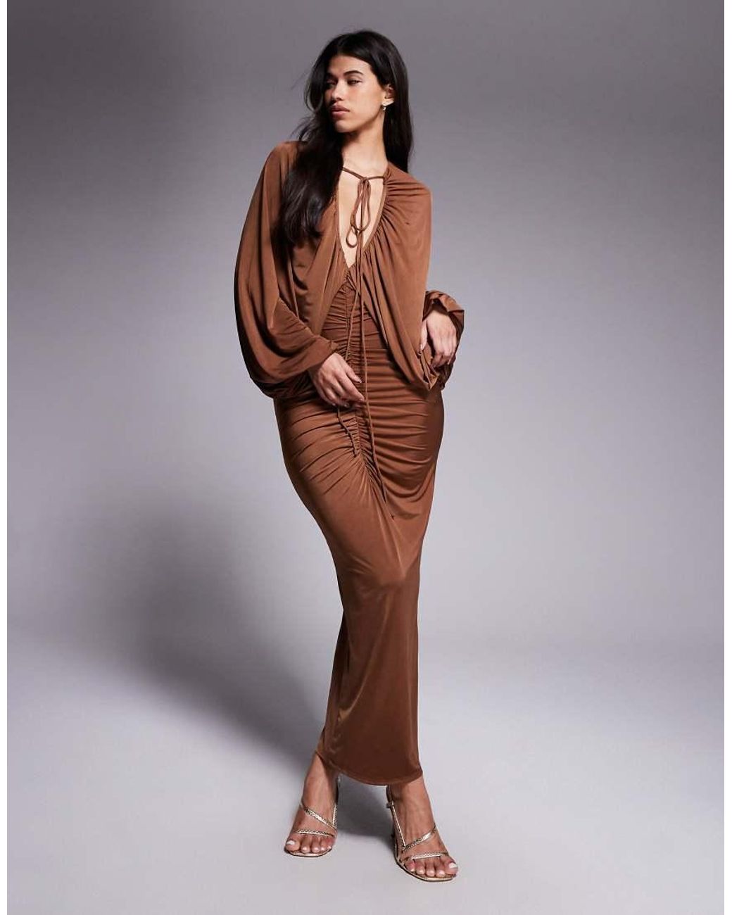 ASOS Brown Slinky Winged Sleeve Ruched Maxi Dress