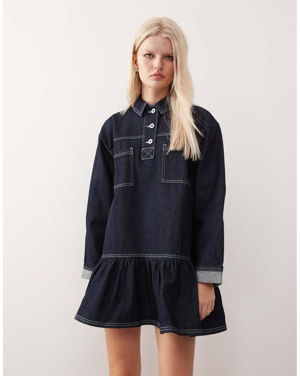 Collusion Blue Denim Long Sleeve Smock Mini Dress