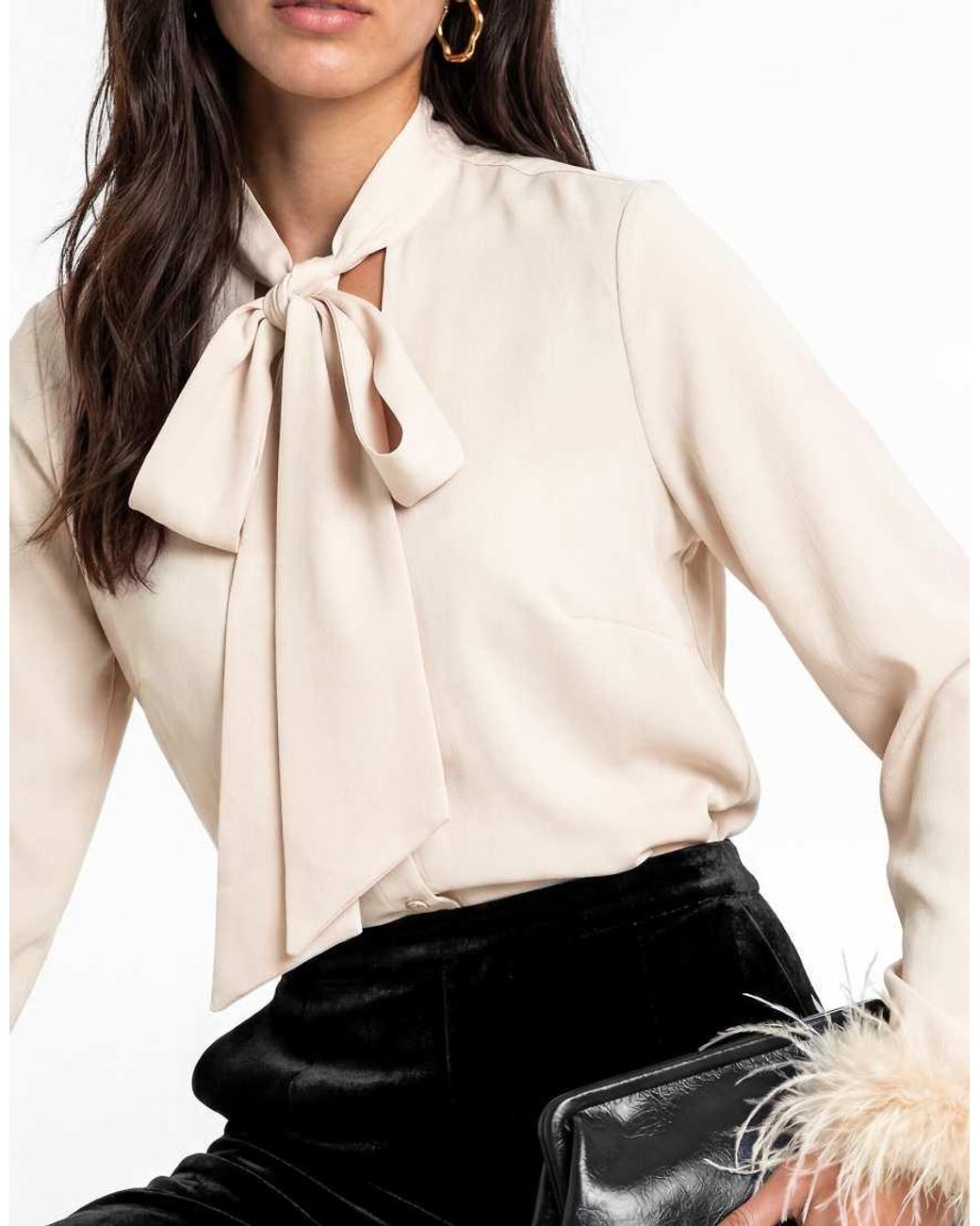 Lovedrobe White Pussybow Collar Feather Cuffs Satin Blouse