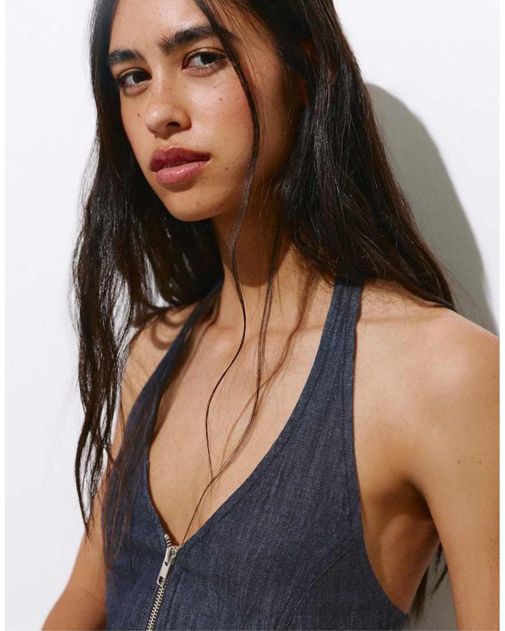 Pull&Bear Blue Denim Halter Top With Zip