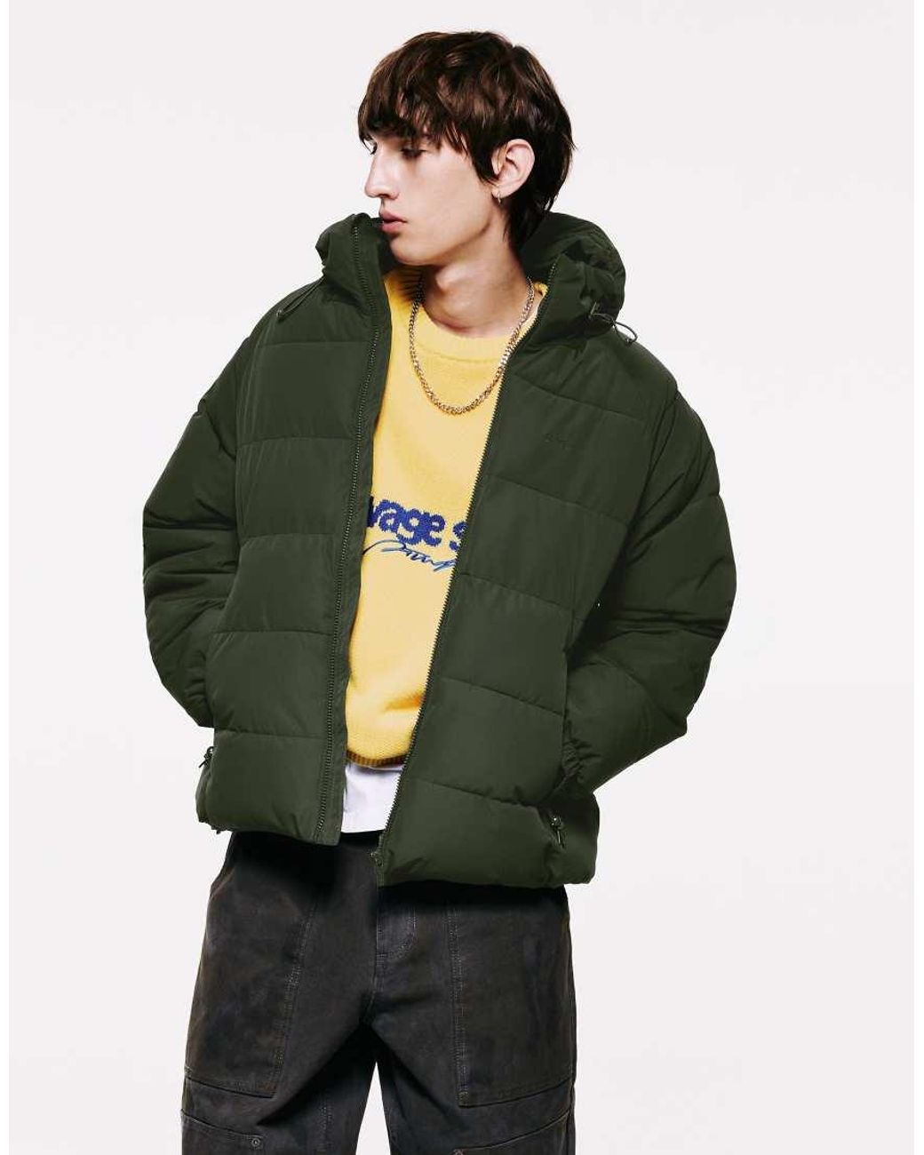 Pull&Bear Green Quilted Jacket With Hood for men