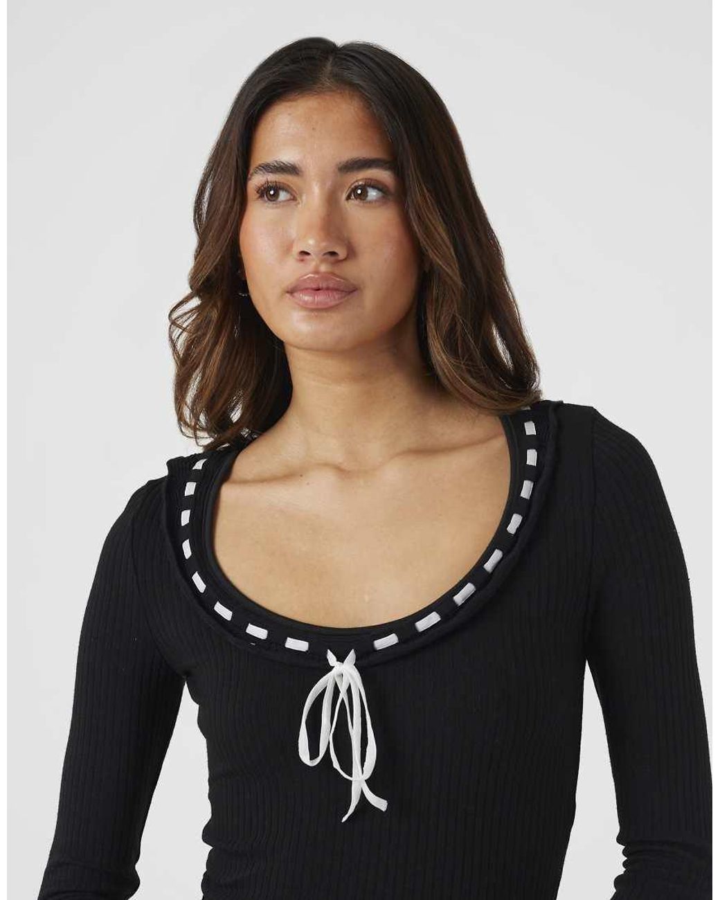 Brave Soul Blue Ribbed Long Sleeve Top With Bow Detail