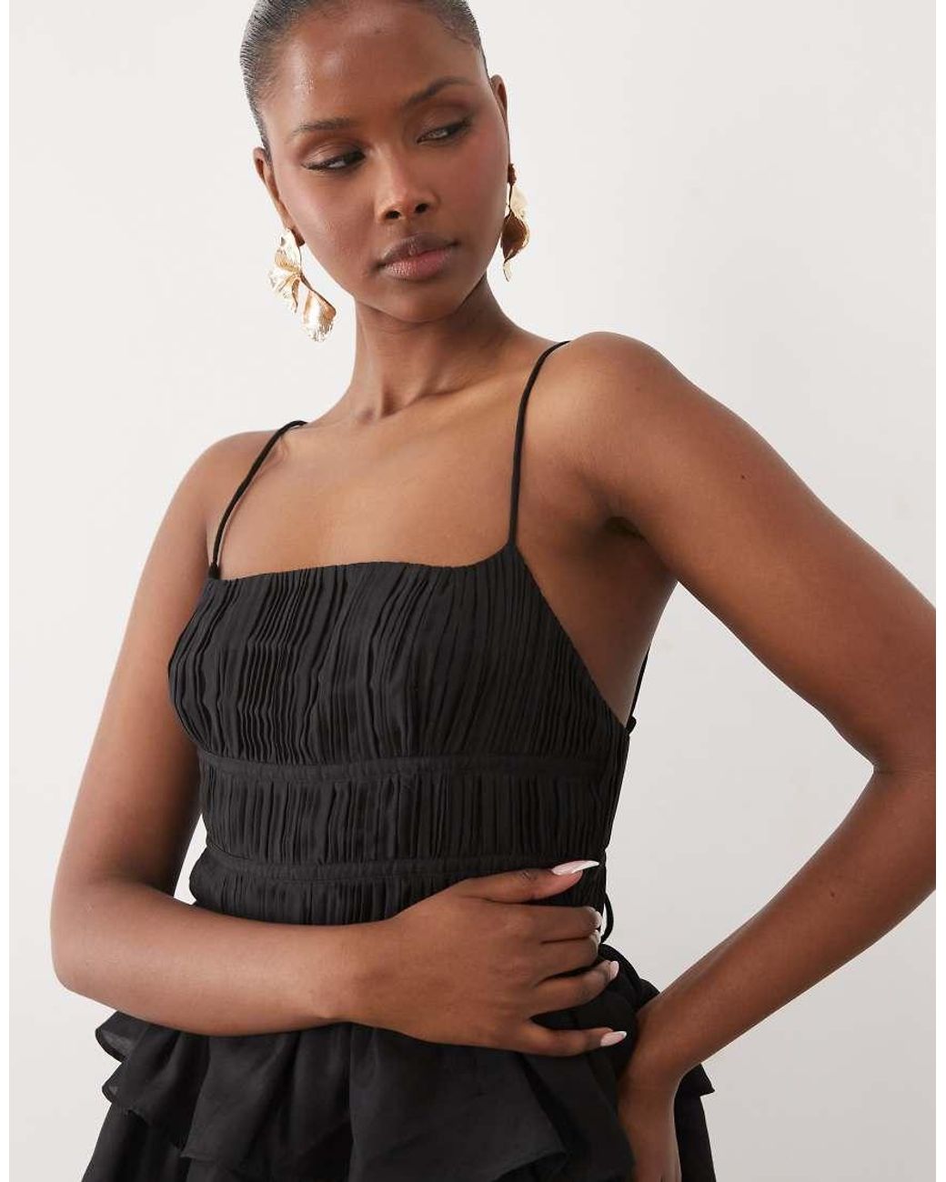 ASOS Black Pleated Bodice Maxi Dress With Tiered Waist
