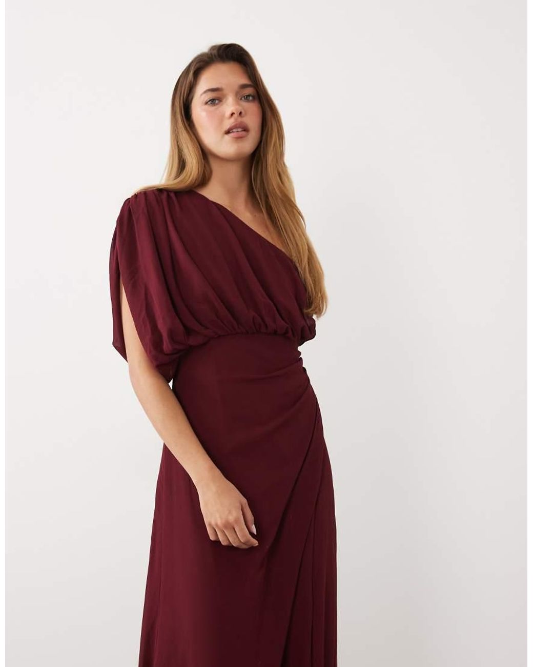 TFNC London Red Chiffon One Shoulder Draped Maxi Dress