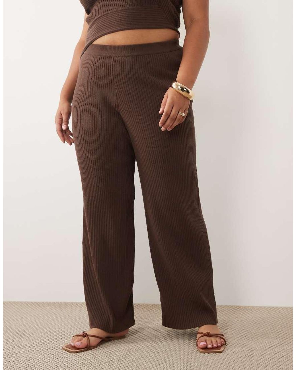 ASOS Brown Asos Design Curve Rib Knit Straight Leg Trouser Co-Ord