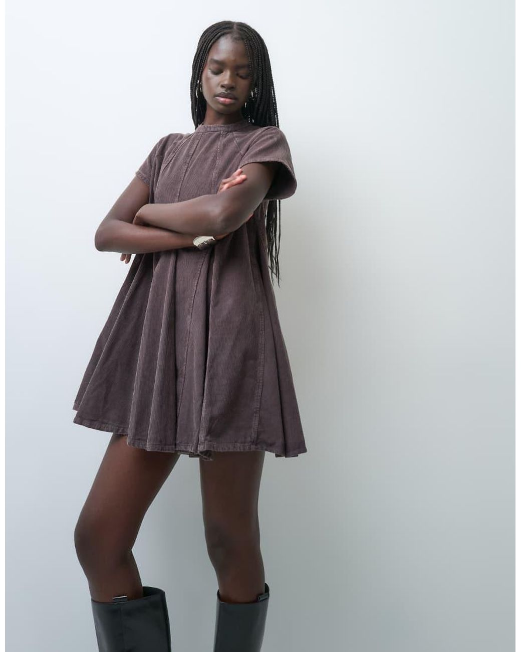 ASOS Gray Cord Godet Mini T-shirt Dress With High Neck Washed Charcoal