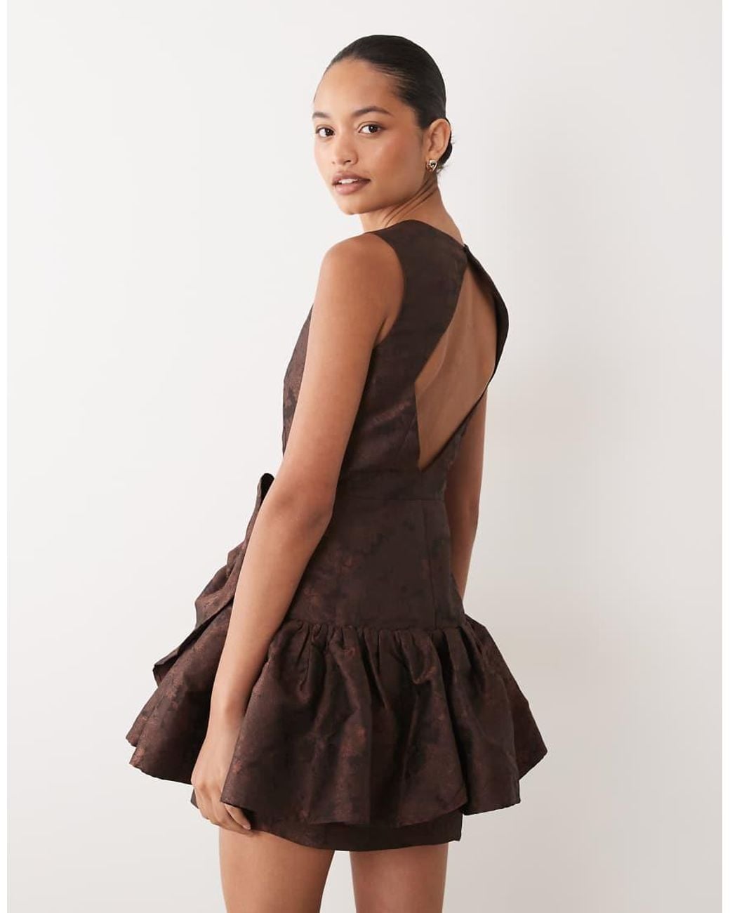 Sister Jane Brown Exclusive Jacquard Ruffle Mini Dress With Diamond Back Cut Out