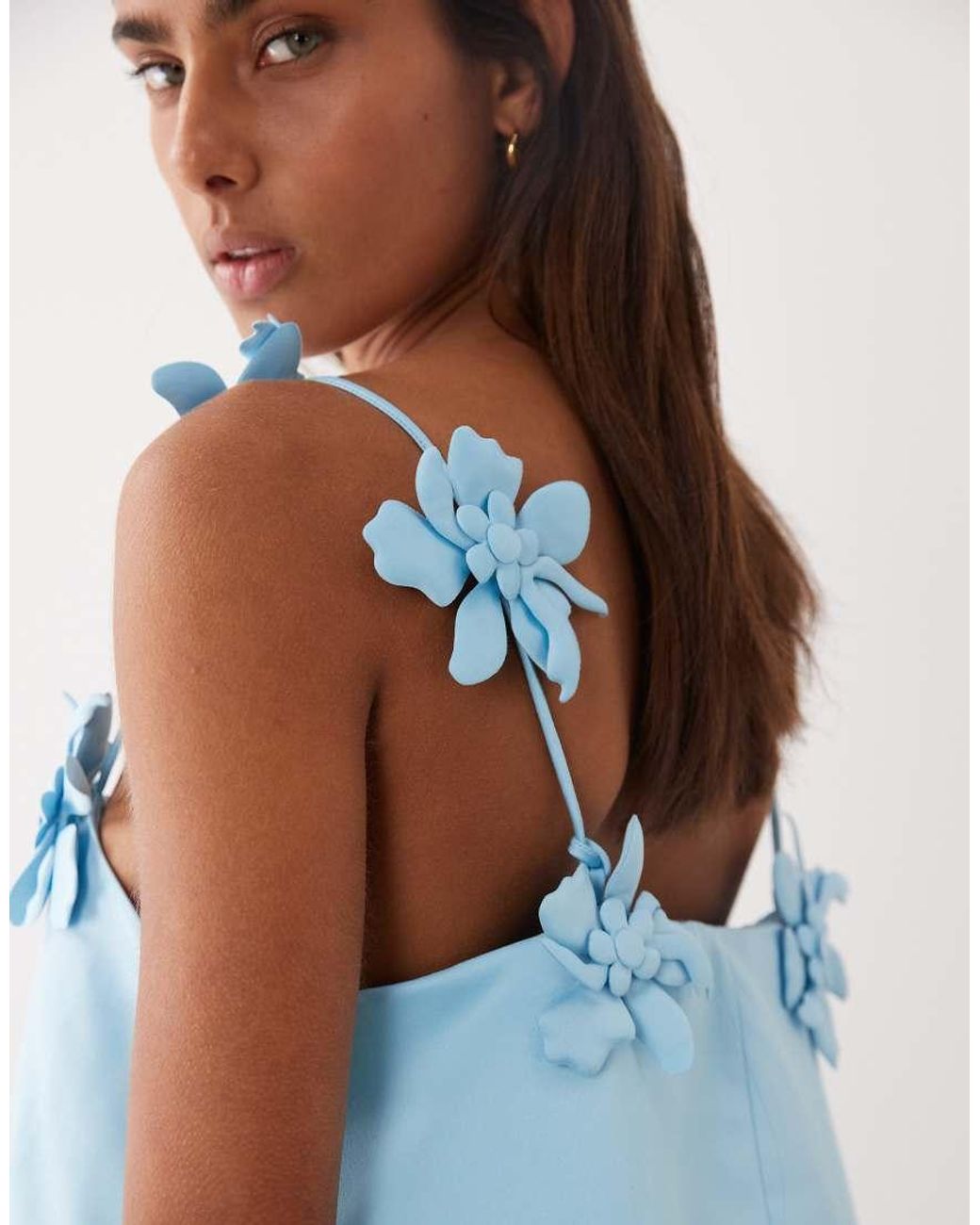 Y.A.S Blue Structured Satin Mini Dress With Floral Appliqué Straps