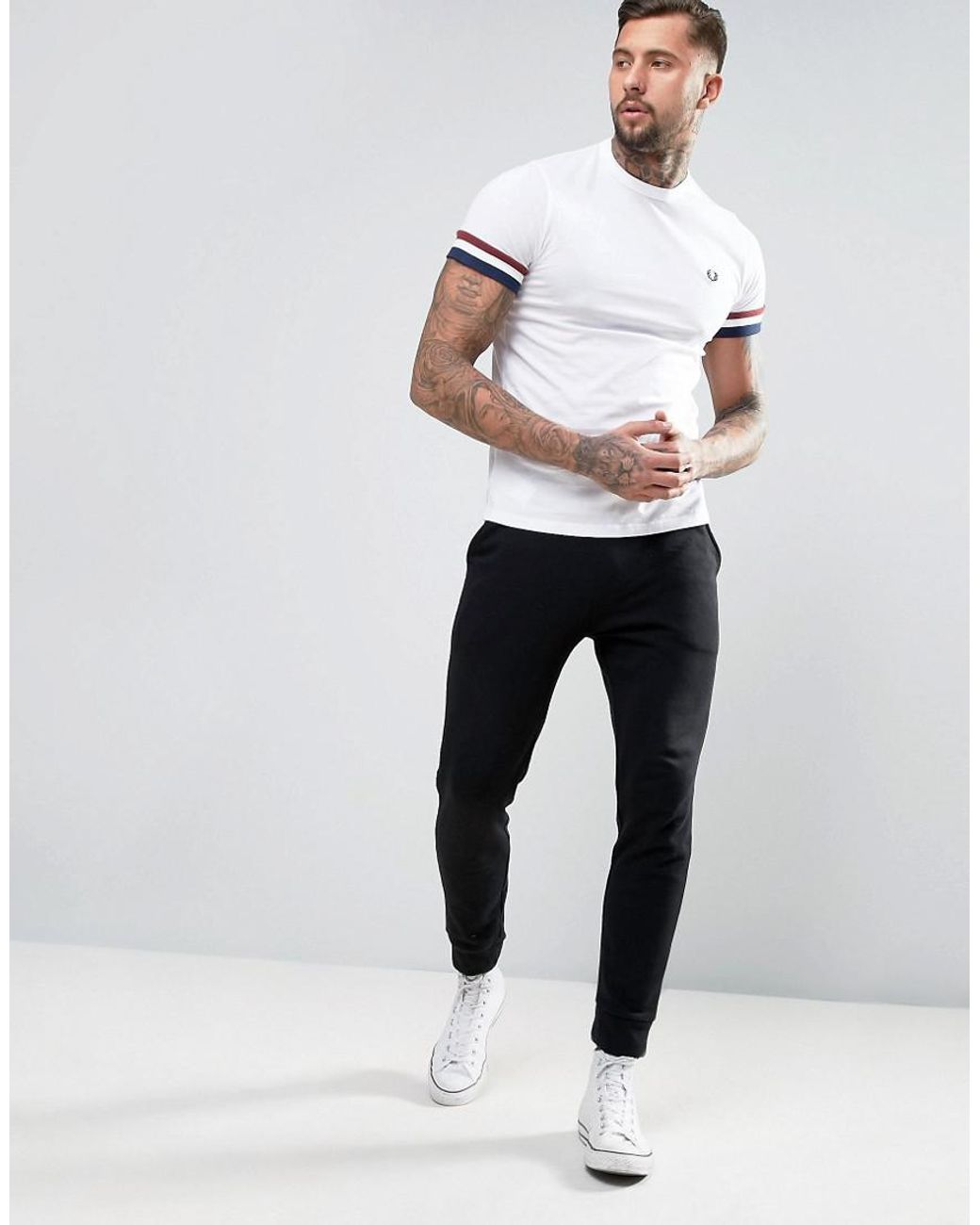 kabel på trods af Uoverensstemmelse Fred Perry Striped Cuff T-shirt In White for Men | Lyst UK