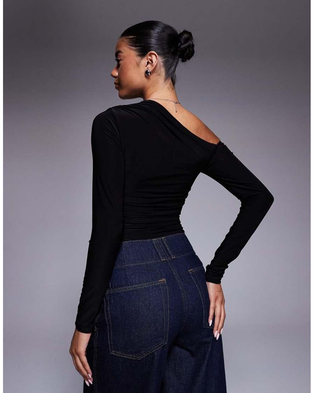 Kaiia Blue Exclusive Double Layered Slinky Off Shoulder Long Sleeve Top