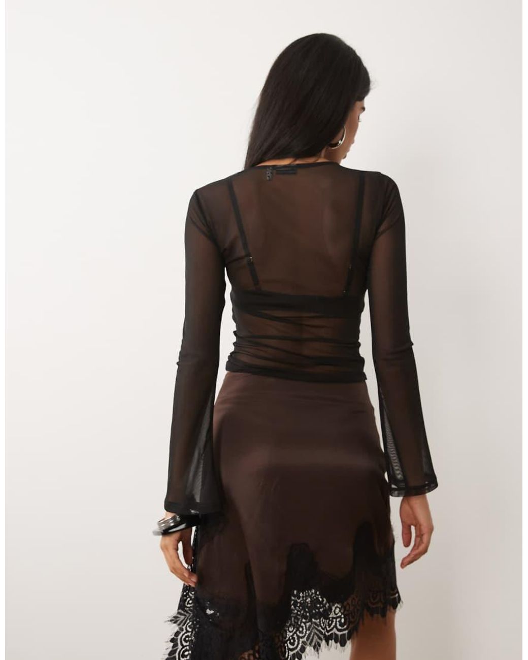 ASOS Black Sheer Mesh Flare Long Sleeve Top