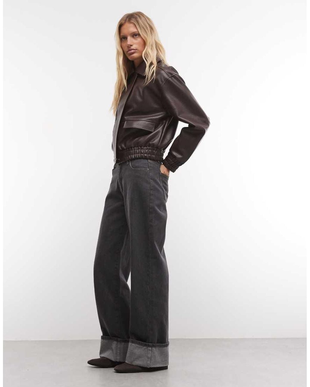 French Connection Black Faux Leather Bomber Jacket