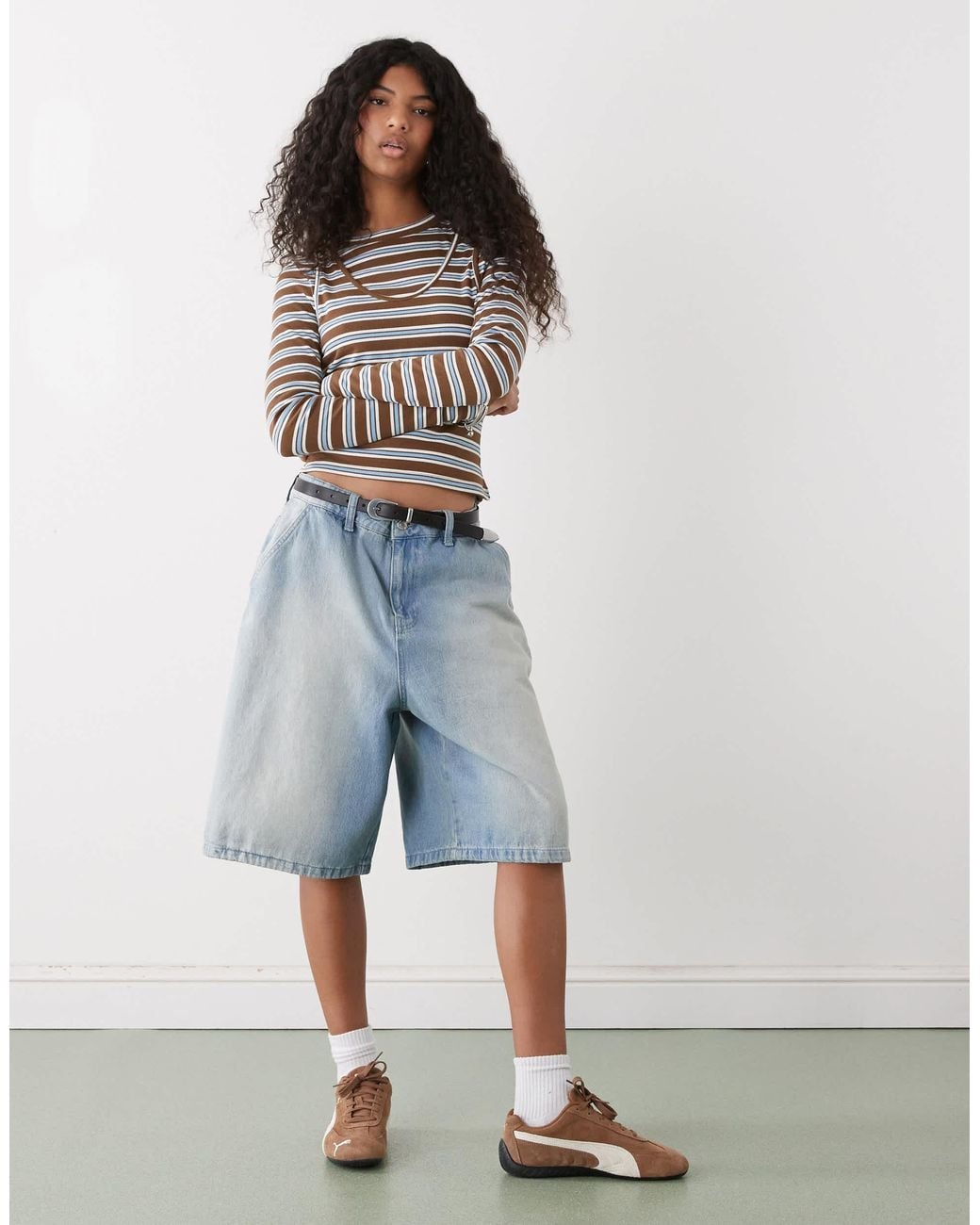 Collusion Gray Long Sleeve Double Layer Striped Top