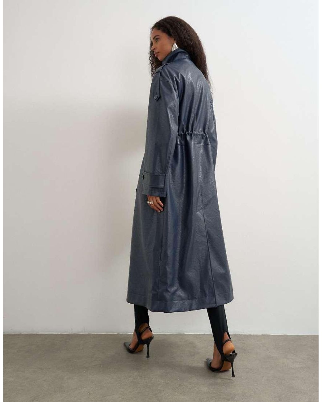 TOPSHOP Blue Faux Leather Longline Cinch Waist Trench Coat