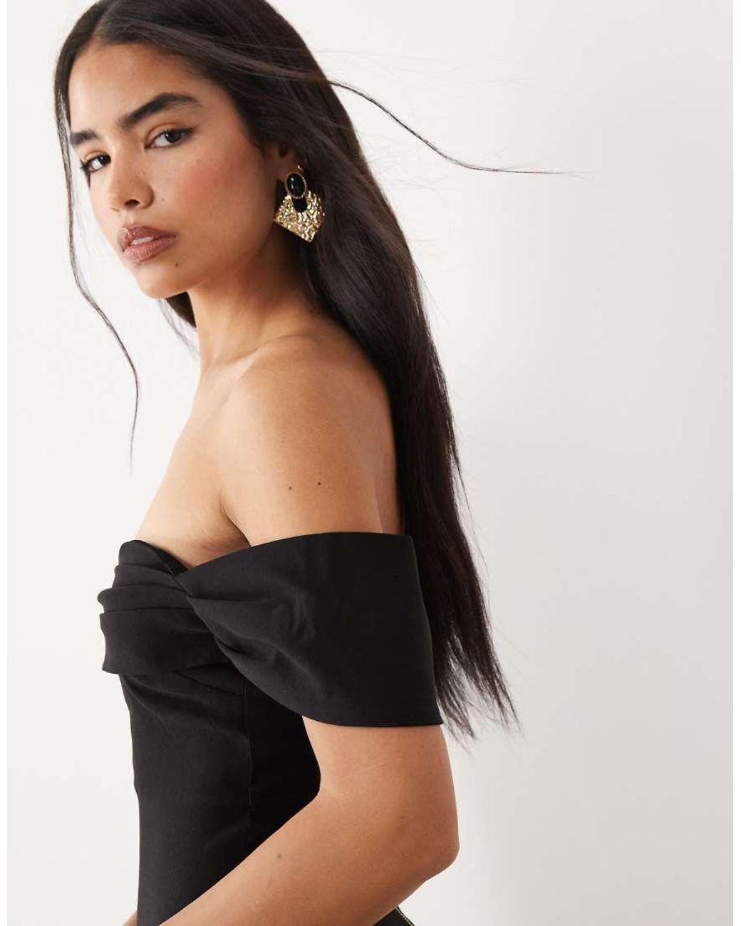 Vesper Black Bengaline Bardot Off Shoulder Bodycon Midaxi Dress
