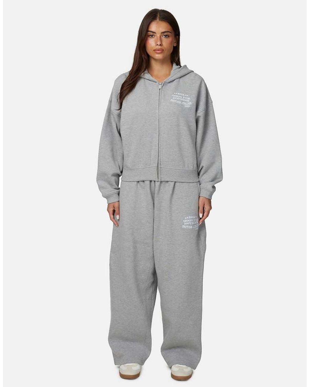 Good For Nothing Gray Baggy Zip Hoodie With Embroidered Logo