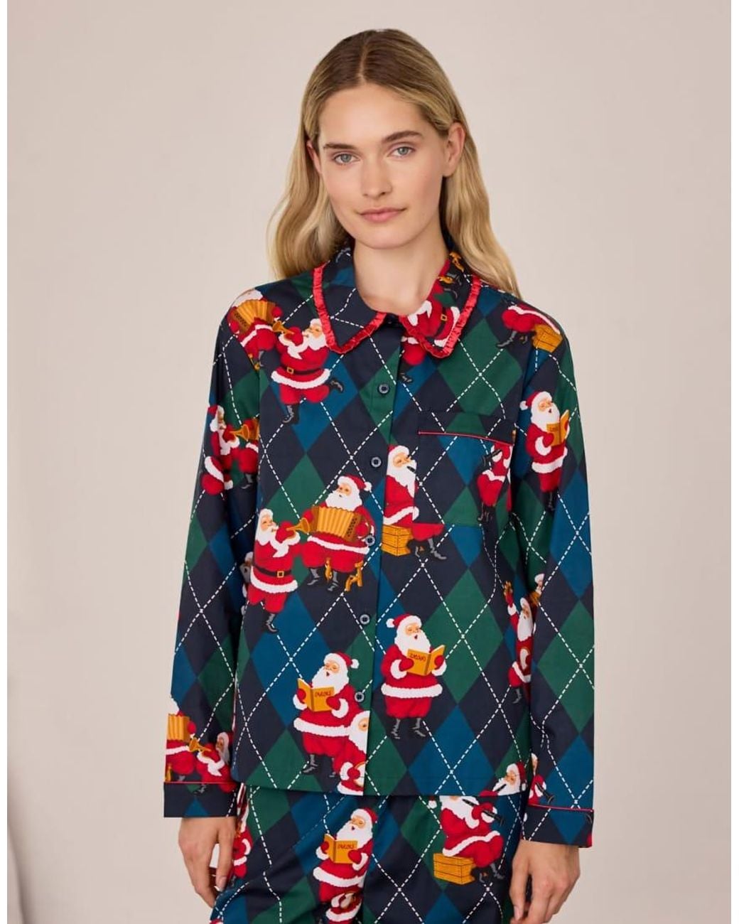 Chelsea Peers Blue Cotton Argyle Musical Santa Print Long Pyjama Set
