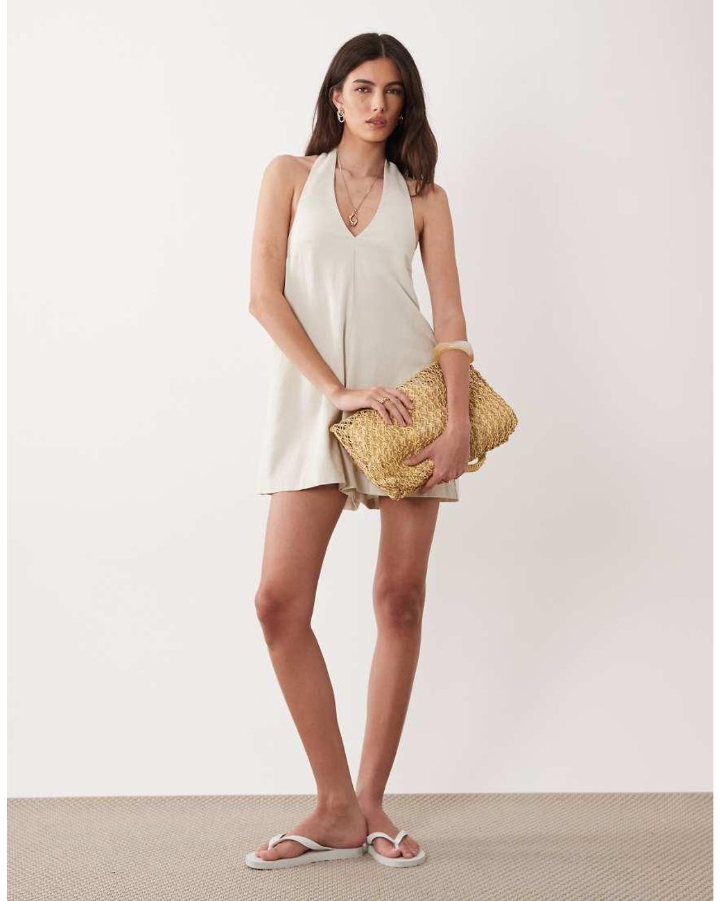 Miss Selfridge White Linen Look Halter Playsuit