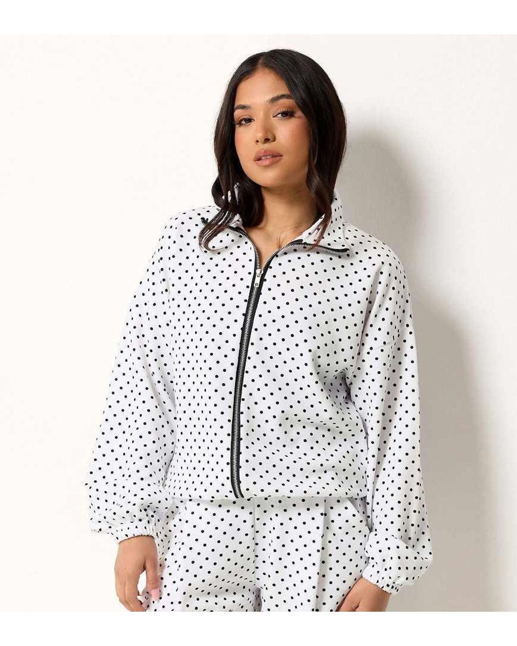 PixieGirl White Petite Polka Dot Funnel Neck Jacket