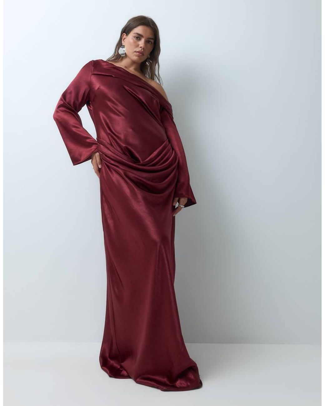 Tfnc Plus Red Hamme Satin Maxi Dress With Asymmetric Off-shoulder Neckline And Ruched Waist Detail