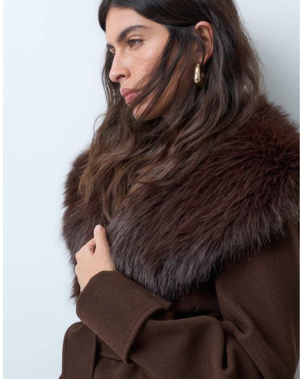Miss Selfridge Brown Formal Wrap Coat With Fur Collar