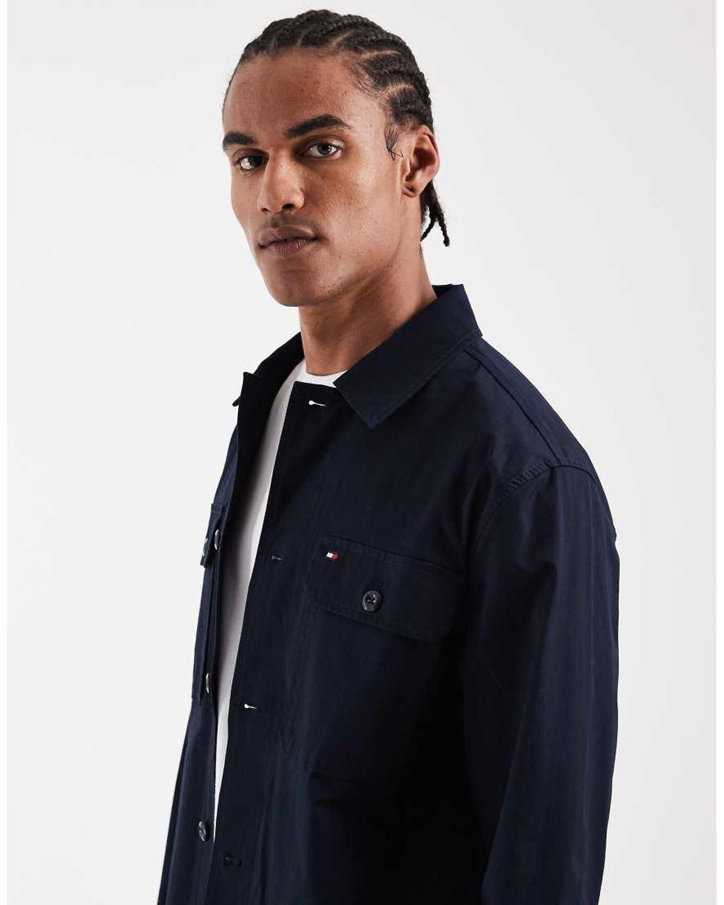 Tommy Hilfiger Blue Cotton Blend Revere Collar Jacket for men