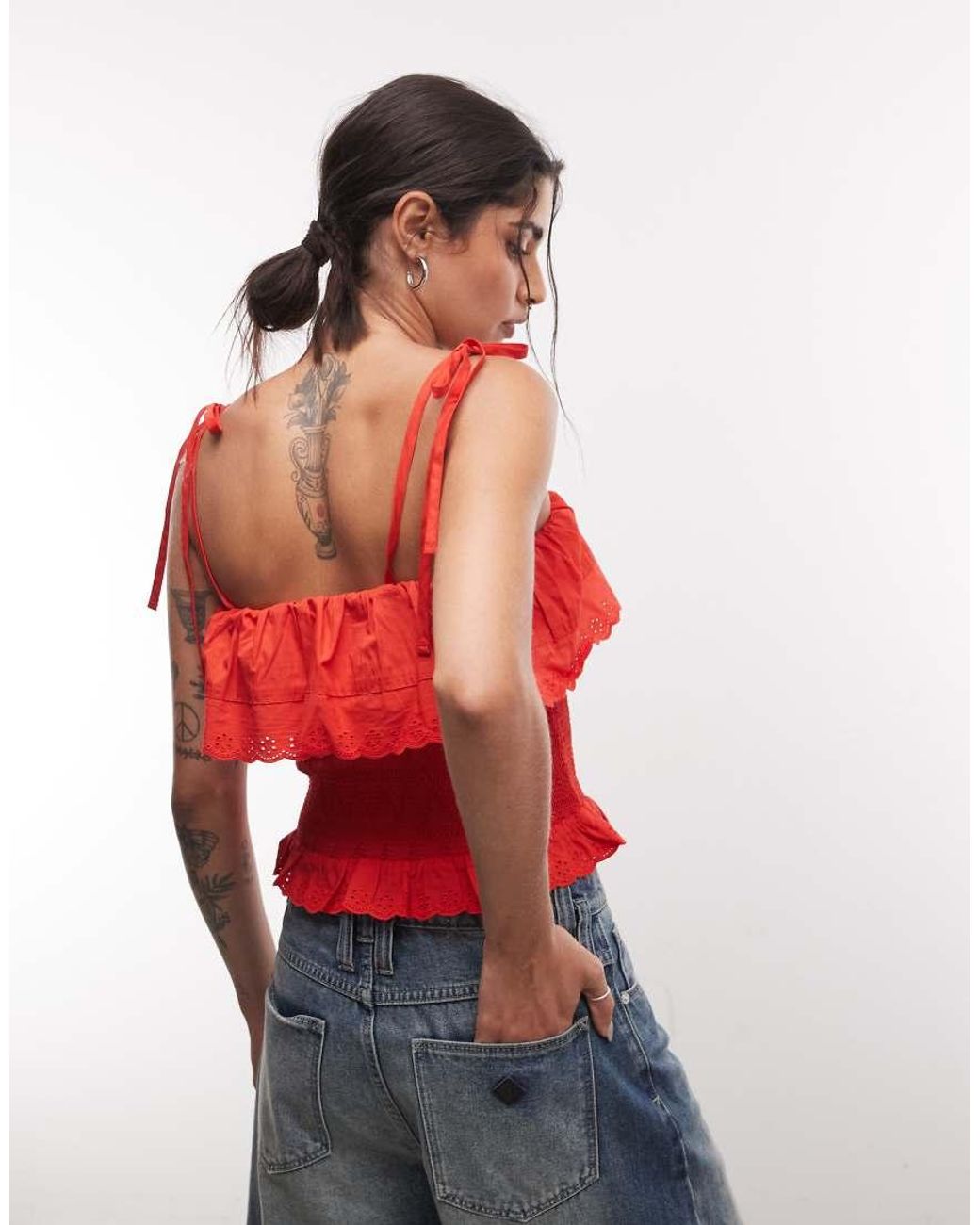 Reclaimed Vintage Red Bandeau Top With Shirring And Embroidery Detail