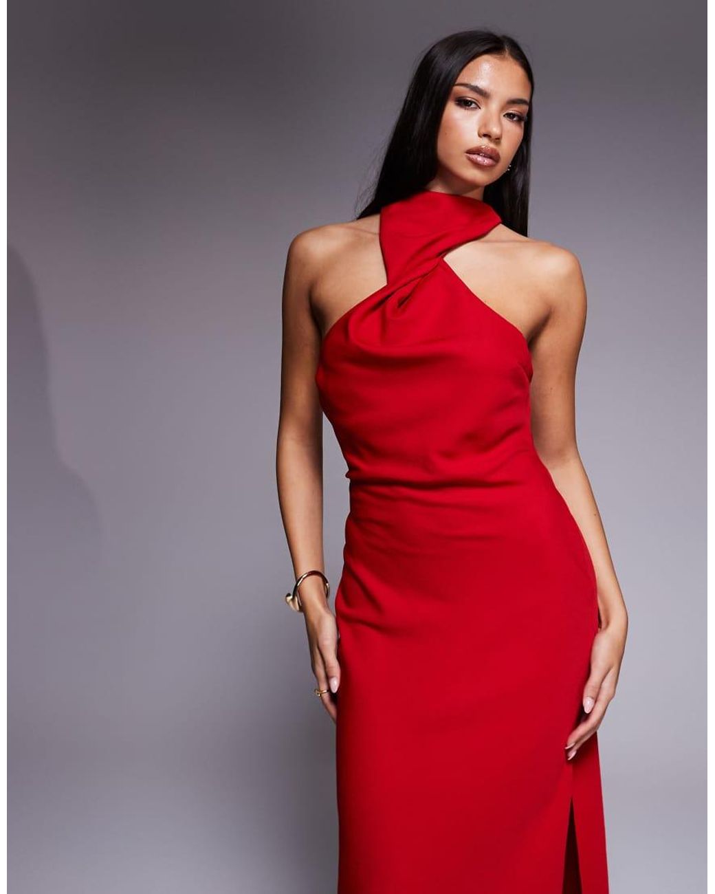 ASOS Red Twist Neck Midi Dress With Hardware Trim