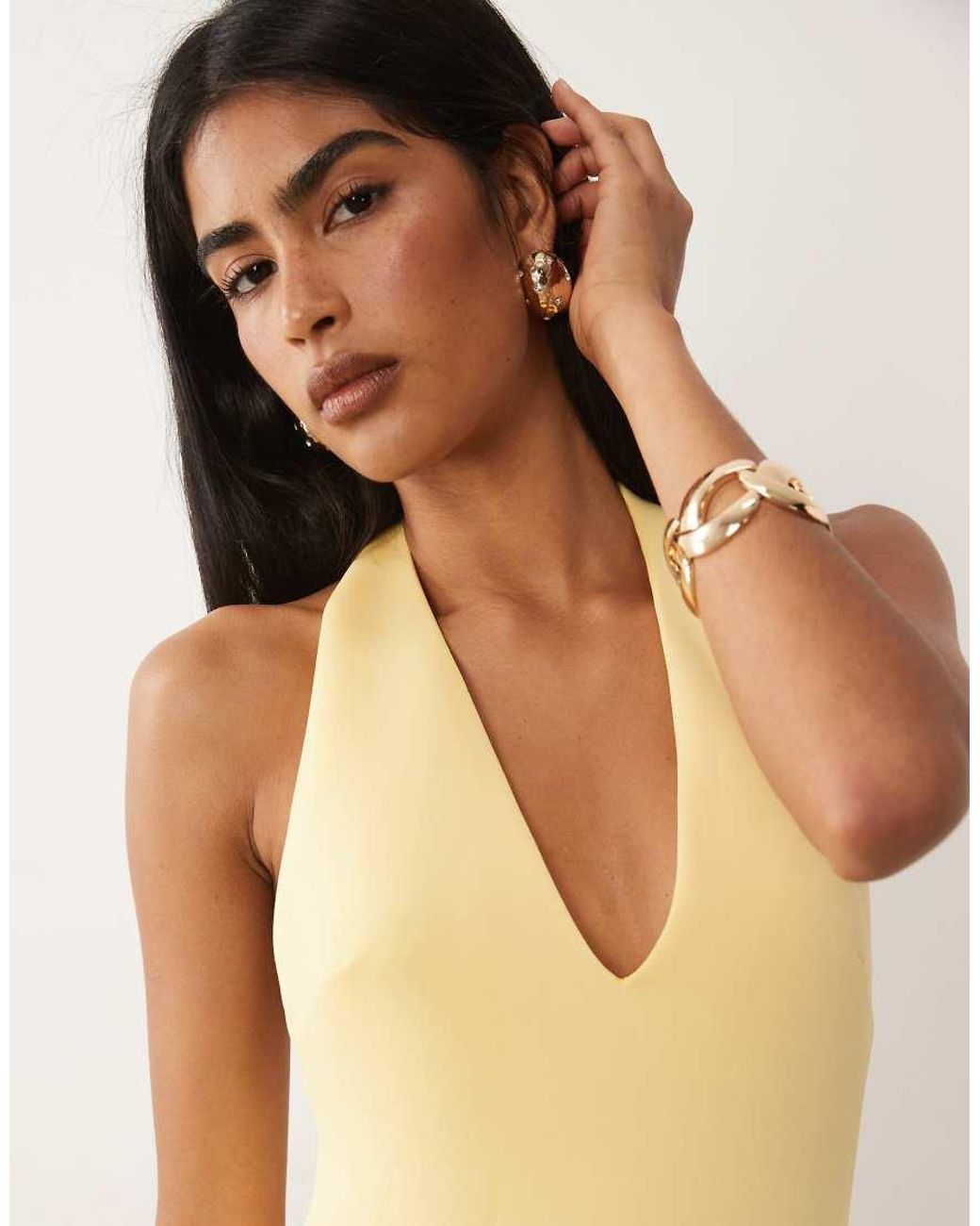ASOS Natural Plunge Neck Structured Full Skirt Midi Dress